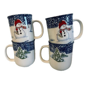 Thomson Snowman, Mug set of 4, Blue Speckles On Half, Snowman/Center Christmas